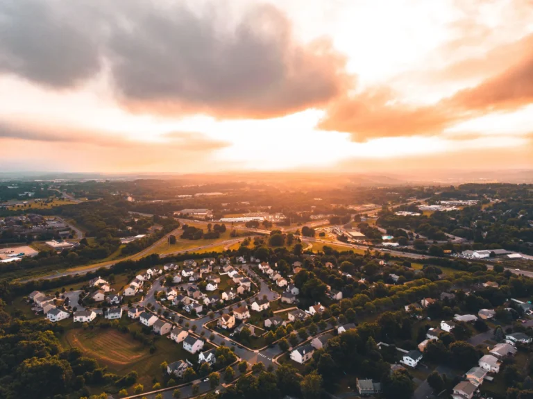 Aerial view of an Allentown-area neighborhood at sunset
