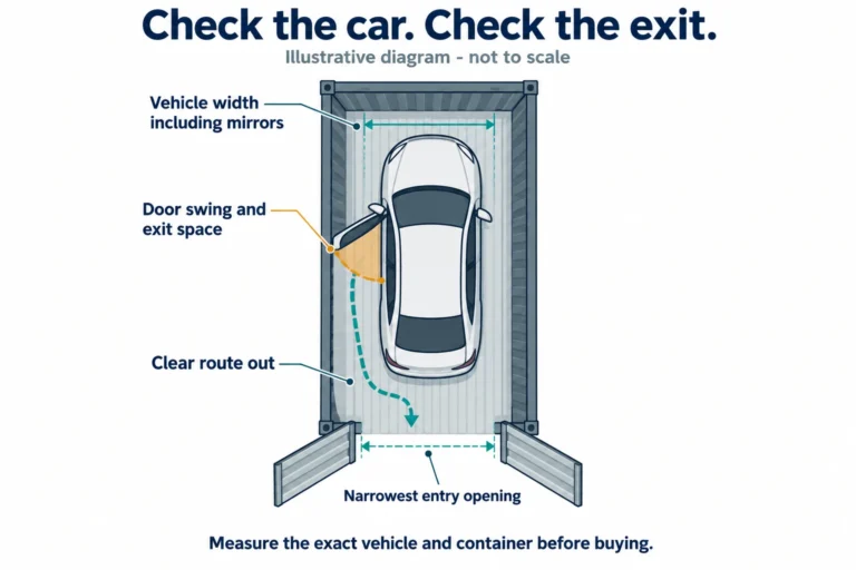 Top-down diagram of a car inside a container showing mirror width, driver-door swing, entry opening and an exit route