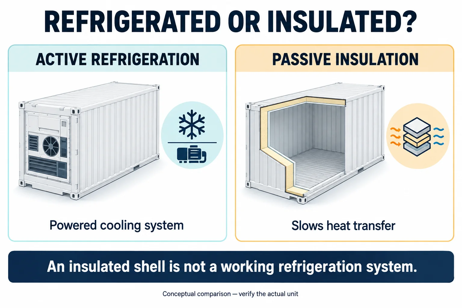 Conceptual comparison of active refrigeration and passive container insulation