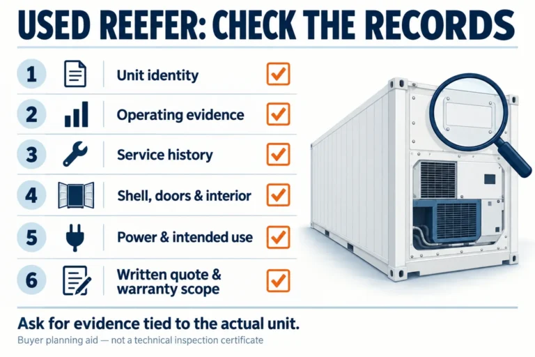 Six used reefer records to request: identity, operation, service, condition, power and written terms