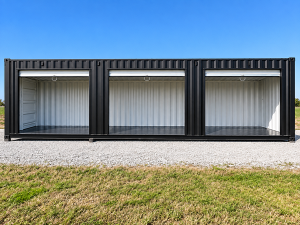 40ft High Cube Shipping Container with Three Roll-Up Doors in Black – One-Trip